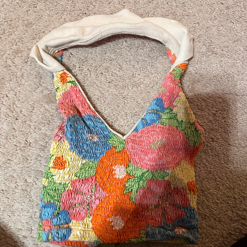 Zara Multicolor Floral Smocked Crop Top with White Halter Strap